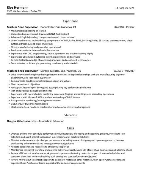 machine shop supervisor resume sample